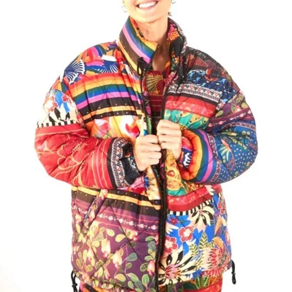 FARM Rio Mixed Scarves Reversible Puffer Jacket Patchwork Dopamine - Picture 6 of 14